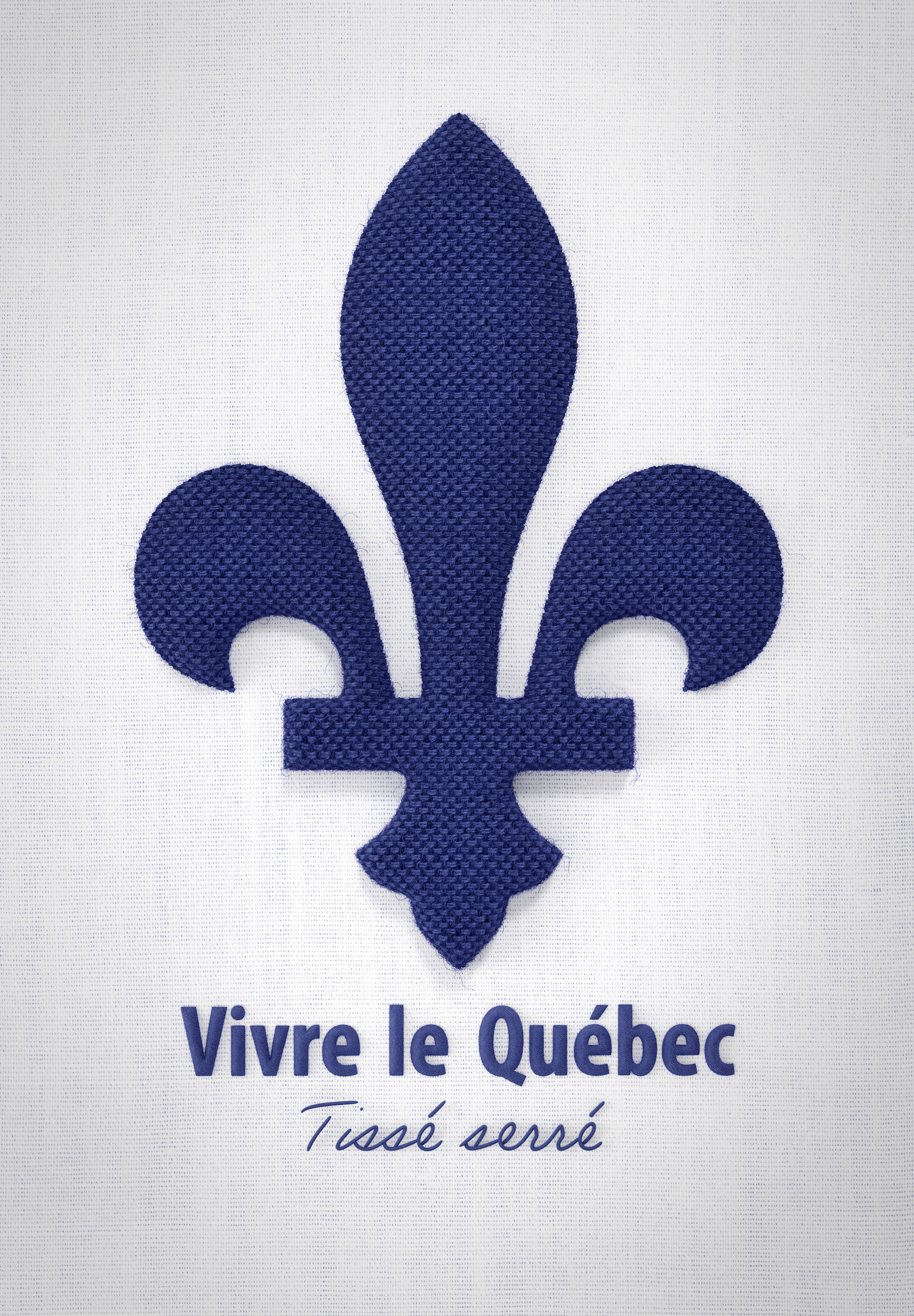 KUB Studio | Texture 3D | Fleur de lys bleue tissée sur fond blanc avec slogan "Vivre le Québec: Tissé serré"