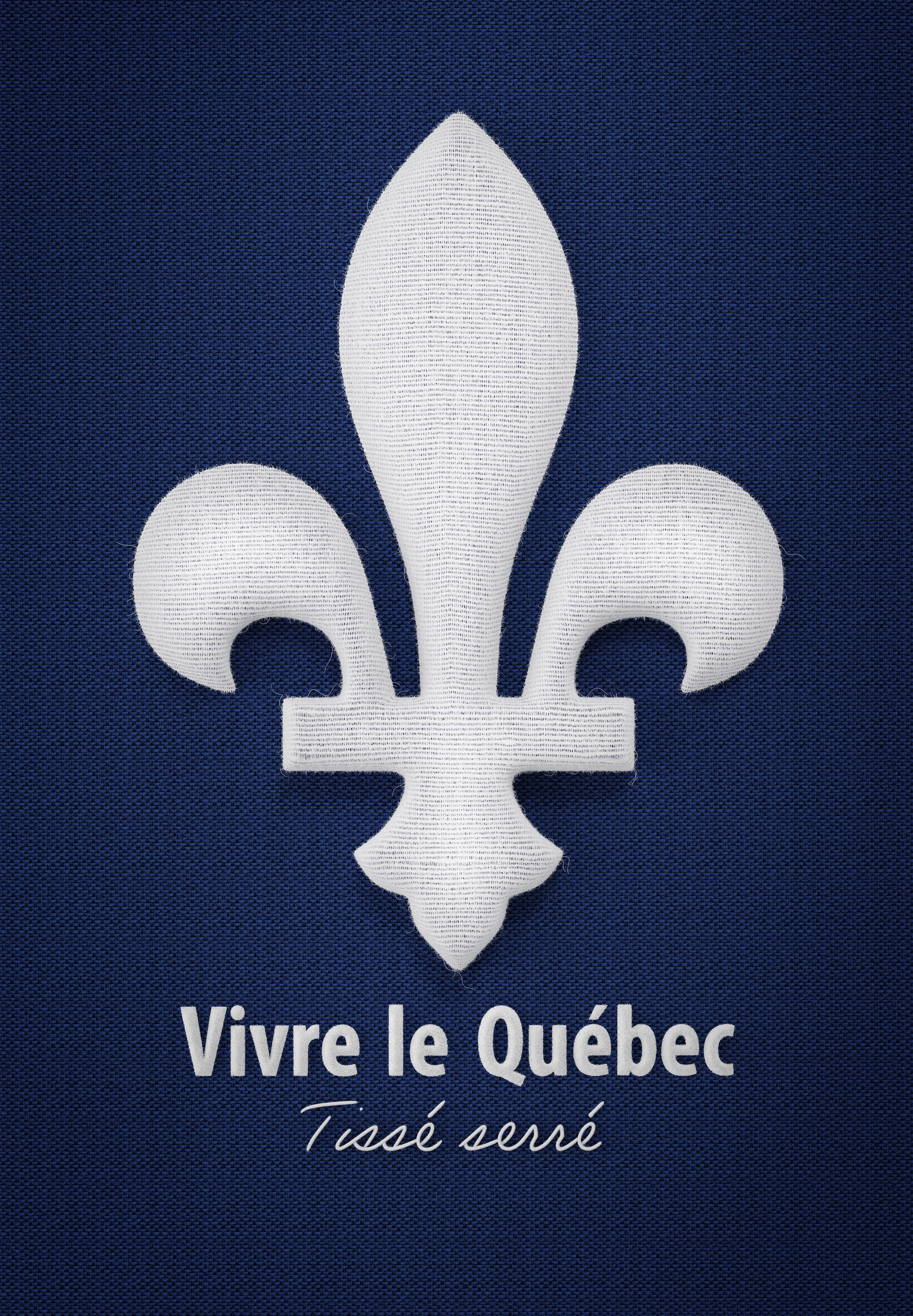 KUB Studio | Texture 3D | Fleur de lys blanc tissé sur fond bleu avec slogan "Vivre le Québec: Tissé serré"
